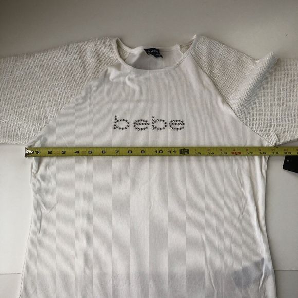 Bebe Embellished Ribbed Top Frayed Hem Sleeve Color Marshmallow Size Juniors XL - Picture 13 of 13